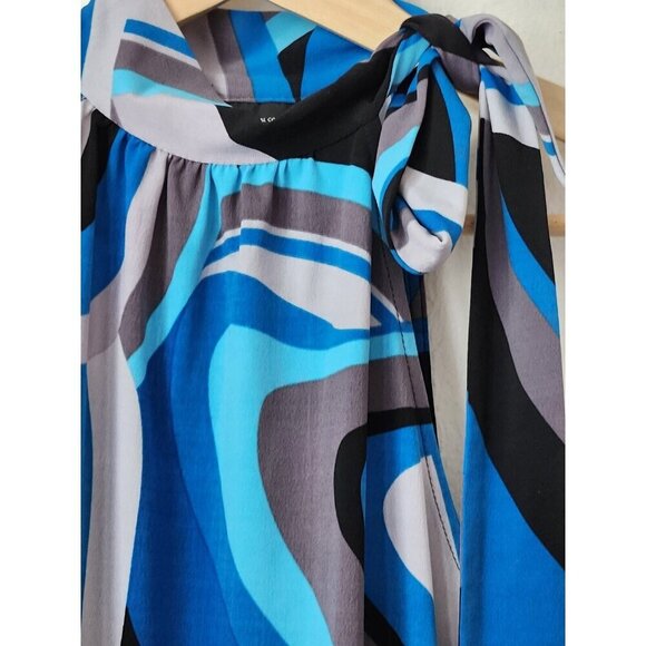 90s blue gray diagonal stripe tie neck sleeveless blouse M/L club career top - Picture 2 of 5